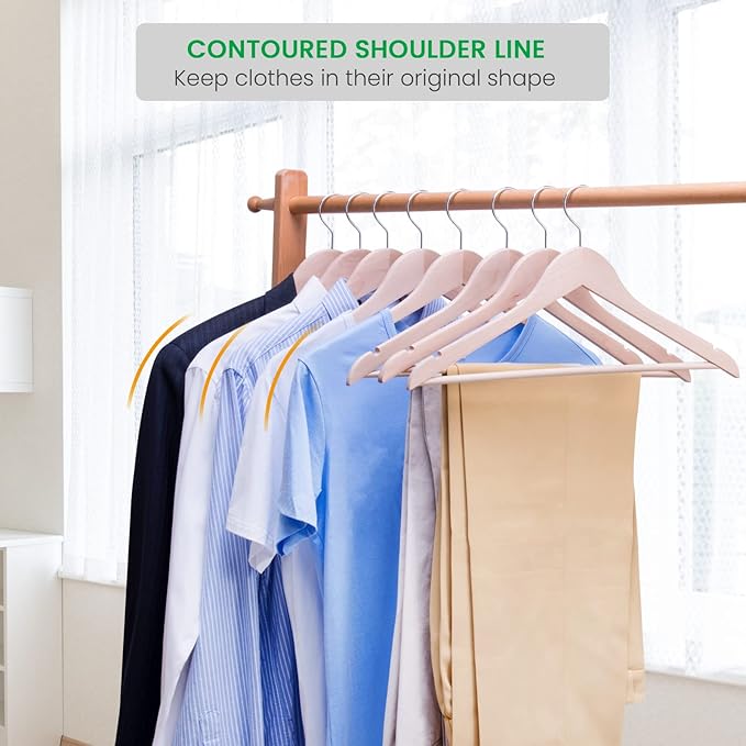Nature Smile 20 Pack Unfinished Natural Solid Wooden Clothes Hangers Wood Suit Coat Jacket Hanger with Extra Smoothly Cut Notches and Bar - 360°Stronger Rotatable Hook