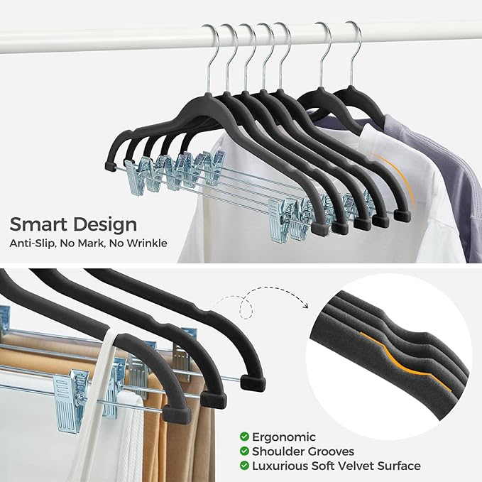HOUSE DAY Velvet Hangers with Adjustable Clips 20 Pack, Non-Slip Suit Organizer with 360° Hook - Heavy Duty Hanger for Pants, Skirts, Blouses, Dresses - Outfit Hangers All-Season Space Saver (Black)
