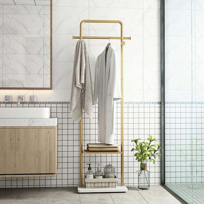 TIEOU Gold Clothes Racks with Shelf, Heavy Duty Gold Clothing Racks for Boutiques, Free-Standing Metal Garment Rack for Hanging Clothes, Modern Coat Rack Entryway