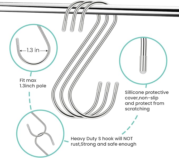 3.54 Inch 30 Pack S Hooks - Stainless Steel Heavy Duty with Rubber Stopper, Small S Hooks for Hanging Plants, Baskets, Clothes, Pan, Cups, Towels (Silver)