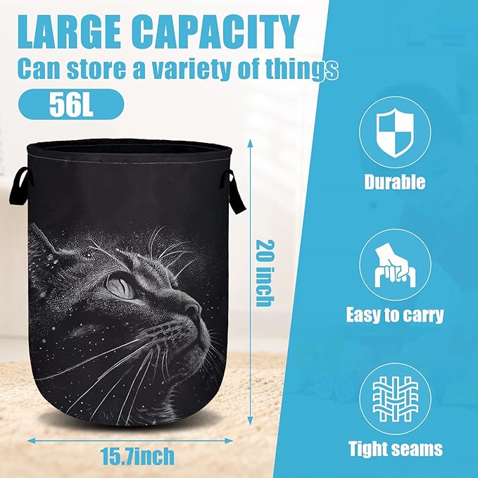 Black Cat Stars Night Laundry Basket, Laundry Hamper Collapsible Oxford Cloth with Handle Clothes Toy Storage Bin for Bathroom Laundry Room Bedroom 15.7 X 20 Inch
