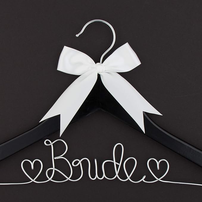 Ella Celebration Bride to Be Wedding Dress Hanger Wooden and Wire Hangers for Gown (Black with Silver Wire)