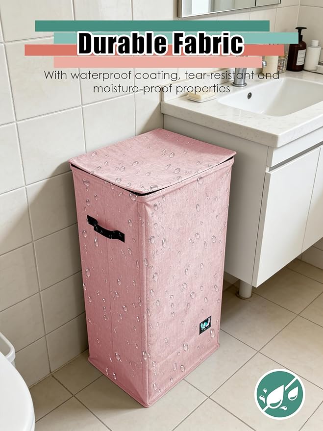 Laundry Hamper with Lid, Reinforced Sturdy Clothes Hamper with Anti-Puncture Base, Large Collapsible Laundry Basket with Removable Liner Bag, Tall Dirty Clothes Bin for Family, 100L Pink