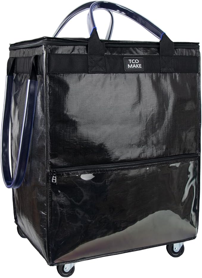 (Large, Black) Reusable Grocery Bag on Wheels, Shopping Bags with Wheels and Handle, Folding Rolling Tote, Zipper Cover, Carries Up to 76 LBS, for Laundry, Picnic