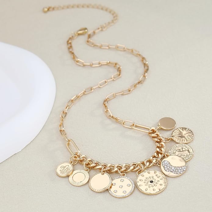 Chunky Gold Necklace for Women Gold Evil Eye Cowboy Pendant Necklace Dainty Paperclip Chain Vintage Luck Amulet Choker Necklaces Celestial Jewelry Gift