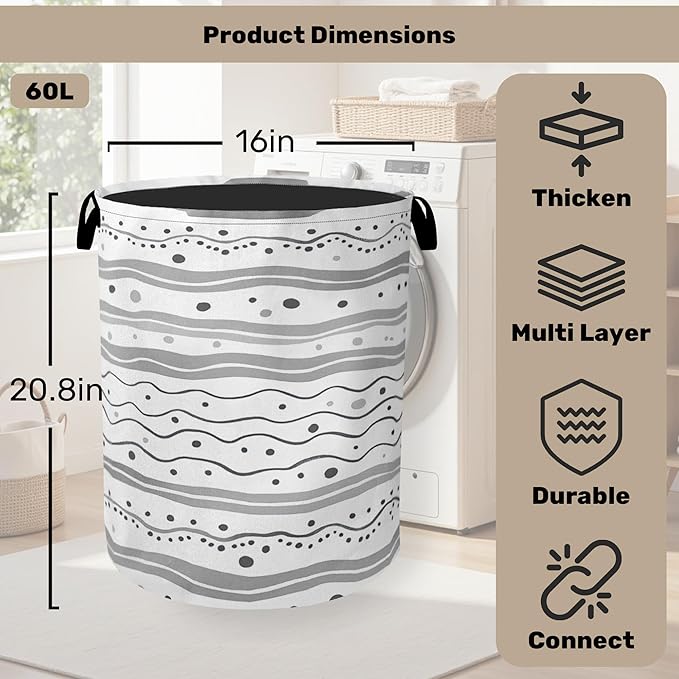 Grey Lines Laundry Basket - Heavy Duty 60L Dirty Clothes Organizer, Water Resistant Foldable Hamper for Men Women
