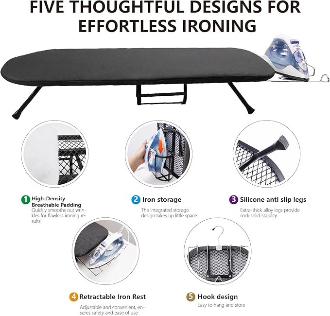 Table Top Ironing Board with Iron Holder and Wall Mount, Foldable Mine Iron Board,Portabled, Omuachip Metal Small Iriong Table Countertop for Space Saving,（No Ironing Included 39 x 12inches, Black