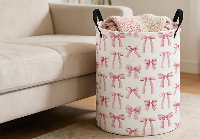 ESSME Kids Laundry Basket,Pink Hamper Collapsible Canvas Waterproof Storage Bin for Girls, Cute Hamper,Gift Baskets(Bowknot)