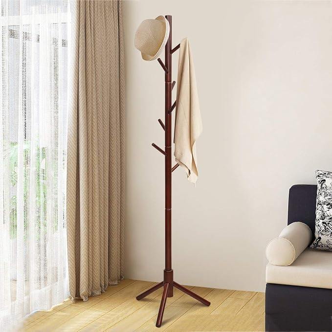 Tangkula Coat Rack Freestanding, Rubber Wood Coat Stand with 8 Hooks, Height Adjustable Entryway Coat Tree Coat Hanger Stand for Home Office Hall Entryway