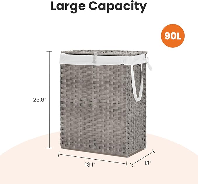 NEWBULIG Foldable Laundry Hamper with Lid, 23.8 Gallon (90L) Large Capacity Clothes Basket, Double Insert Storage Organizer Bin for Bedroom, Bathroom & Laundry Room, Grey