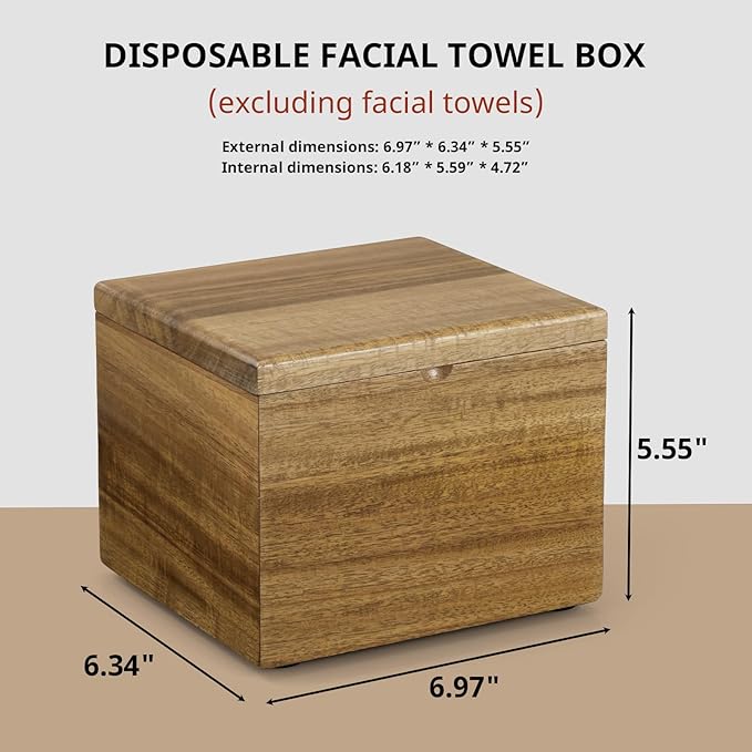 Disposable Face Towel Holder, Acacia Wood Box Compatible with Clean Towels XL(NOT Included), Wooden Container for Cleansing Facial Dry Wipes, Face Towelettes Bathroom Counter Storage