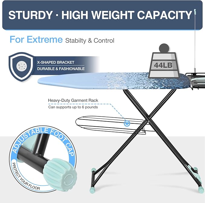APEXCHASER Ironing Board Full Size with Iron Rest, Metal Panel Iron Board, Heat & Scorch Resistant Cover, Adjustable Height Heavy Duty Ironing Board with Germent Rack, for Home, Dorm, 15x45 Blue