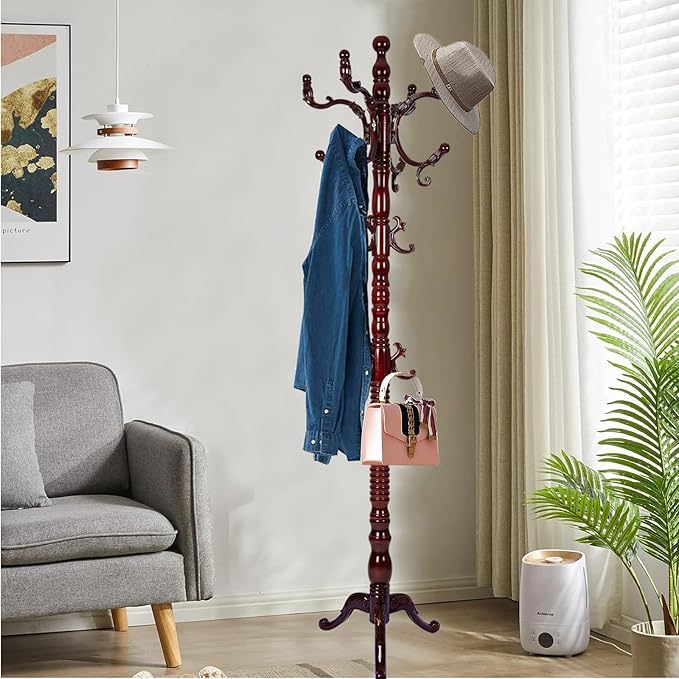 Solid Wood Coat Rack, Free Standing Hall Coat Tree with 14 Hooks, 3 Height Options, 300lbs Load, Stury Base, Clothes Rack for Entryway, Hallway, Bedroom (Tri-legged Base - Rosewood)
