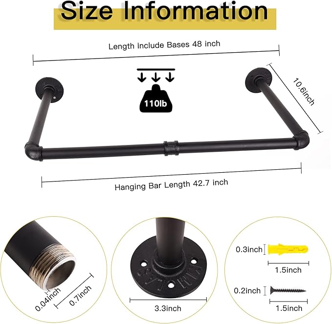 48” Wall Mounted Clothes Rack, Industrial Pipe Black Iron Garment Bar, Heavy-Duty Detachable Clothing Rod, Multi-Purpose Metal Wall display Hanging Pole for Closet Storage, Laundry Room 2 Base