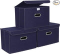 STOREONE Fabric Storage Cube Bins Foldable Organizer Container Collapsible Basket with Lids and Metal Handles, for Home, Bedroom, Closet 3 Pcs (Navy Blue)