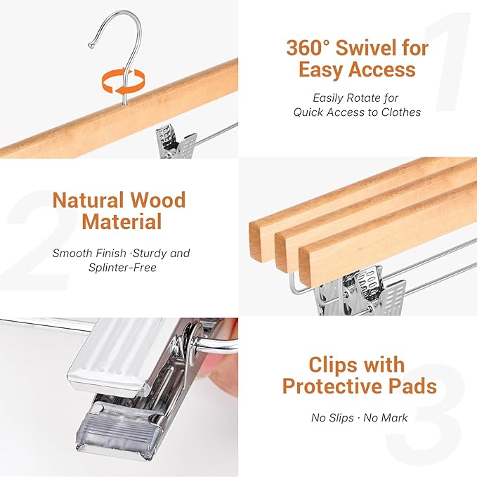 HOUSE DAY Wooden Pants Hangers with Clips, Solid Lotus Deluxe Wood Skirt Hangers, Heavy Duty & Anti-Rust Hook for Wrinkle-Free Slacks, Skirts, Jeans, Space Saving for Closet 10 Pack (Natural)