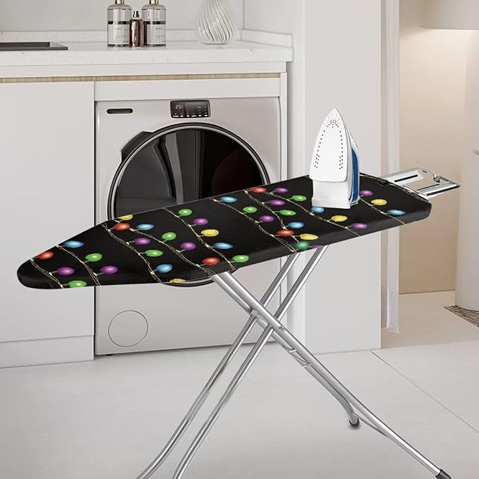 Christmas Colorful Lights Standard Size Iron Pad Covers Tolerates High Temperature Anti-Dirty Durable Ironing Board Replacement Cover with Hook and Loop Fastener Strap