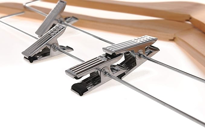 Quality Wooden Skirt Hangers with Clips, 10-Pack Smooth Solid Wood Pants Hangers with Durable Adjustable Metal Clips, Swivel Hook, Coat, Jacket, Blouse Suit Hangers (Natural, 10)