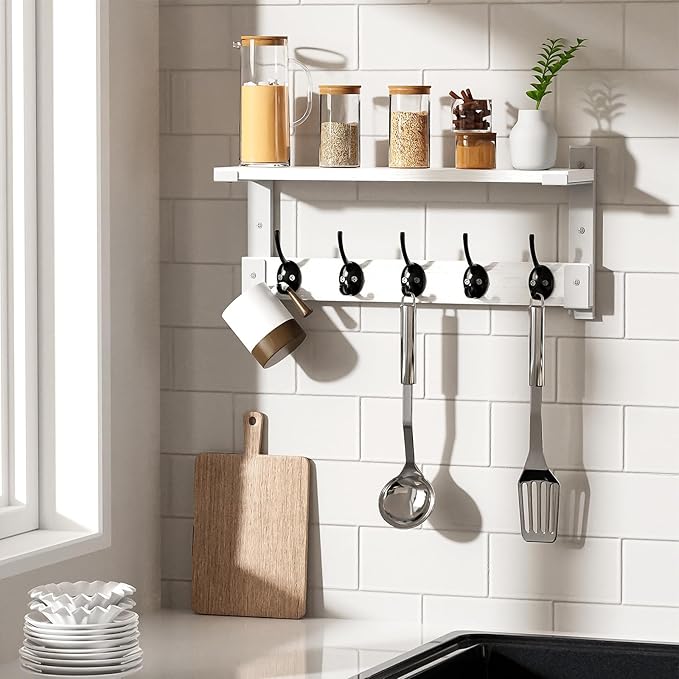 Wall Hooks with Shelf, Coat Rack Wall Mount for Coat Backpack Key Clothes Hanger, Wall Floating Shelf Hanging in Entryway, Living Room, Bathroom, Bedroom, Kitchen(White)