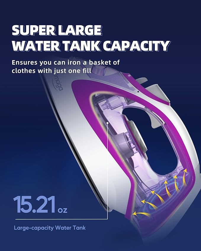 1750W Steam Iron for Clothes, Powerful Steam Iron with Rapid Heating & Ceramic Soleplate, Self-Cleaning, Auto Shut Off, Large Water Tank for Home Use