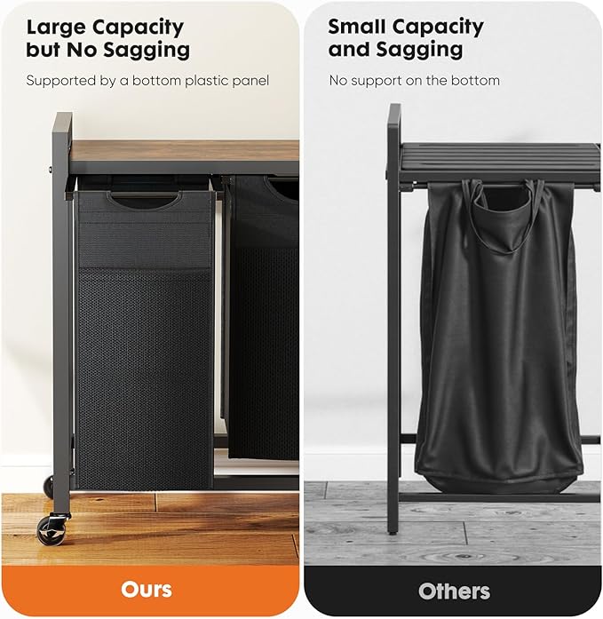 NEWBULIG Rolling Laundry Hamper with Removable Pull-Out Bag, Freestanding Clothes Basket Organizer with Wheels for Bathroom & Bedroom, 2 × 13.1 Gal (99L) - Rustic Brown & Black