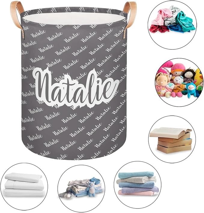 Personalized Laundry Basket, Custom Gift Laundry Hamper, Collapsible Nursery Waterproof Laundry Baskets, Dirty Clothes Toy Hamper with Handles Name Gray
