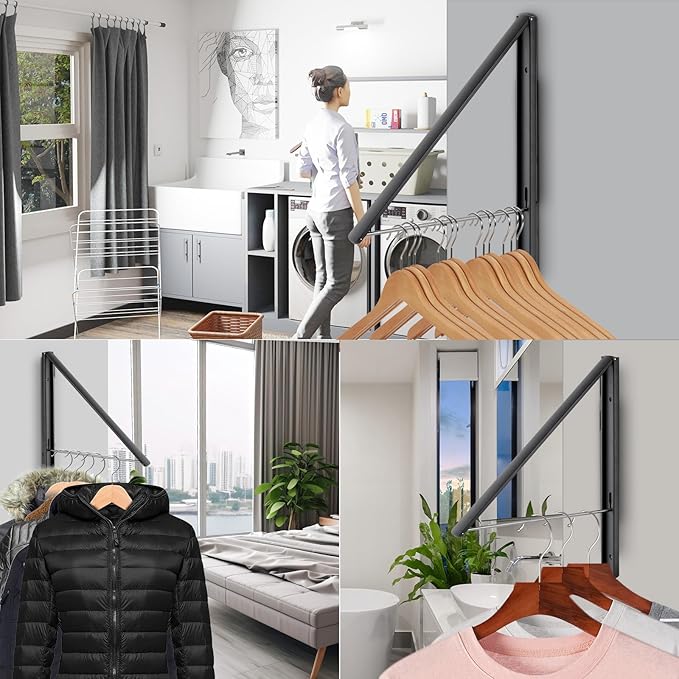 Retractable Clothes Drying Rack Wall Mounted, Foldable Space-Saving Hanger for Laundry Room/Bathroom/RV - Stainless Steel/Aluminum (Black)