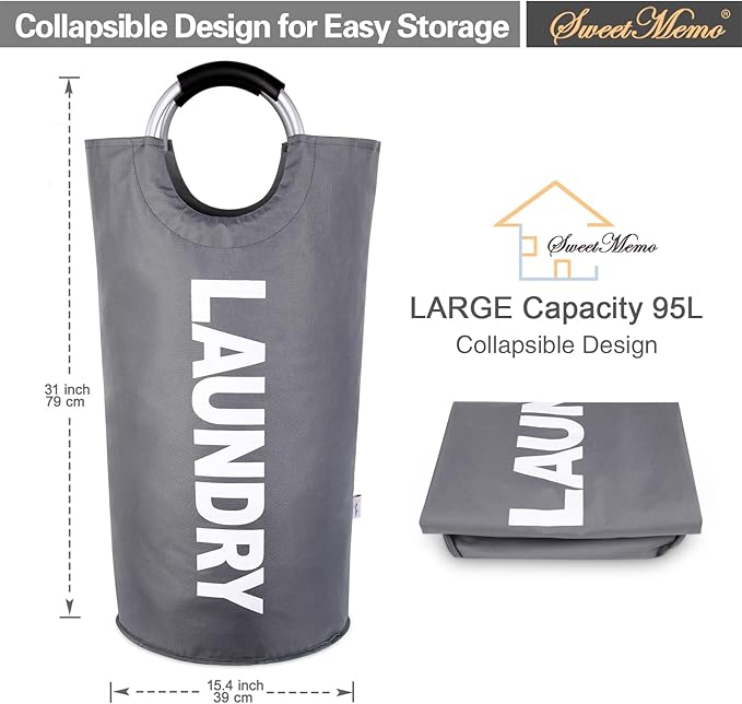Large Laundry Hamper Bag 95L，Tall Laundry Basket with Handles, Big Dirty Clothes Hamper for Dorm, Laundry Room, Sturdy, Lightweight & Easy Carry Laundry Sorter Bin – Dark Grey