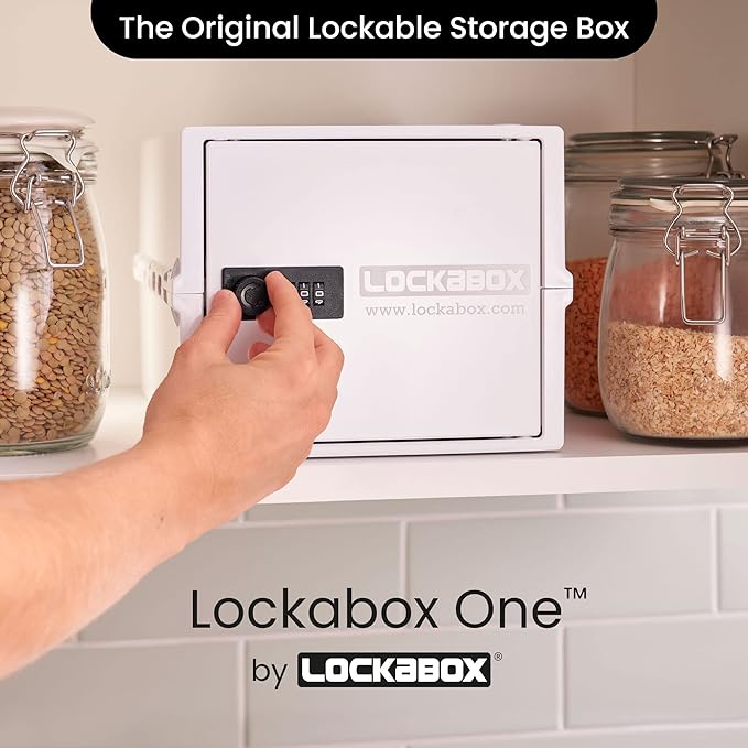 Lockabox One™ | Premium Lock Box | Medium Combination Lock Box For Food, Medicine & Home Safety | External Size 12 x 8 x 6.6 inches (Opal White)