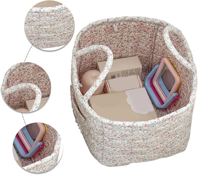 Quilted Fabric Storage Basket Boho Floral Laundry Baskets with Handles Collapsible Quilted Soft Basket for Car, Clothes, Toys Storage