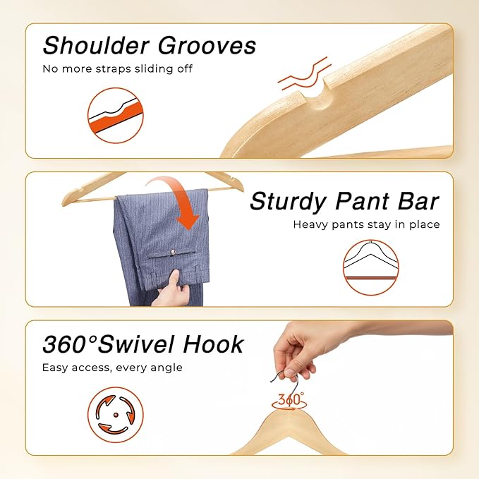 HOUSE DAY Slim Wooden Hangers 20 Pack, Solid Wood Hanger with Non Slip Shoulder Notches & Pant Bar, Smooth Finish Wood Clothes Hangers for Shirts, Suits, Jackets, Natural