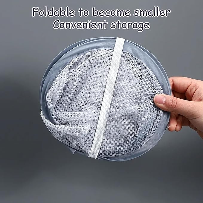 2pcs mesh foldable laundry basket, dirty clothes storage bag basket frame bucket, foldable mesh laundry bathroom wall mounted dirty clothes storage container (gray and white)