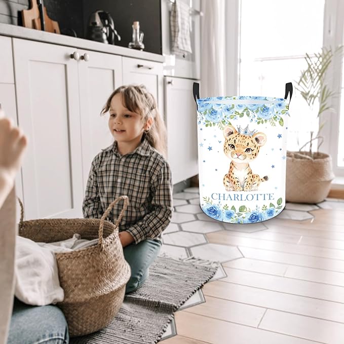 Personalized Laundry Basket for Kids Boys Girls Adults, Custom Name Lion Laundry Baskets for Nursery, Customize Blue Laundry Hamper, Personalized Gift with Baby Name 2 Sizes