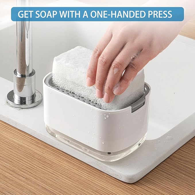 RUFCRIL Soap Pump Dispenser and Sponge Holder, 10oz / 300ml Dish Soap Dispenser for Kitchen,White