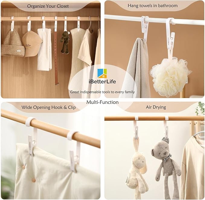 iBetterLife Laundry Hooks Hanging Clips - 8Pcs Heavy Duty Outdoor Clothes Pins, Closet Organizer Single Clip Hangers Clamps Socks Boot Bras Underwear Kids Towels for Bathroom Wardrobe Kitchen Office