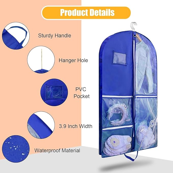 1 Pack Garment Bag for Travel Storage,Dance Costumes Competition Bag,Girls Dress Recital Dance Bag Kids Garment Bags for Hanging Clothes,Clear Cheer Uniform Garment Bag with Buckle.Blue