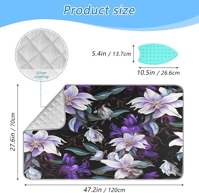 Purple Flower Ironing Mat Portable Travel Ironing Pad Heat Resistant Ironing Blanket for Washer, Dryer, Table Top, Countertop, Ironing Board (27.6 x 47.2 Inches)