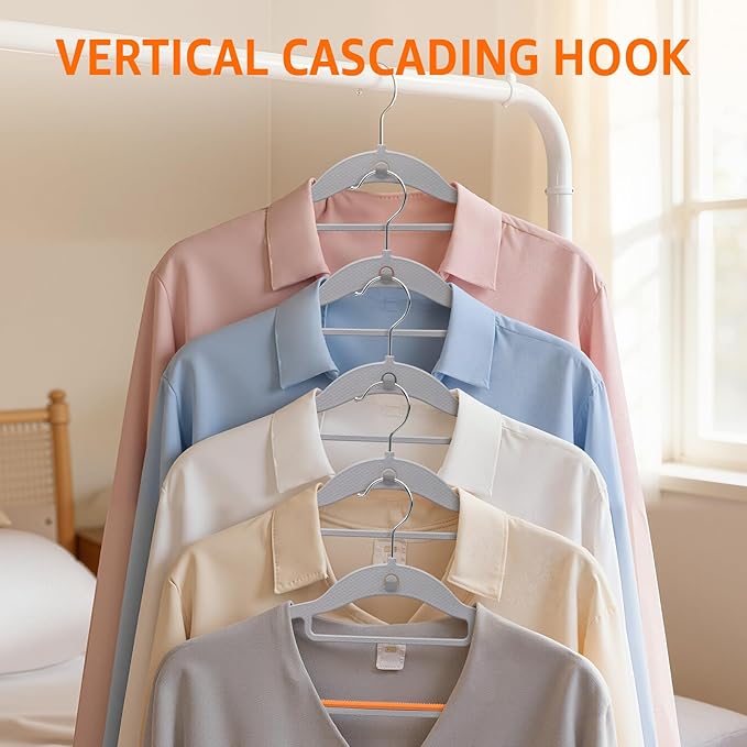 Yolife Cascading Plastic Clothes Hangers 10 Pack with Inner Hook for Vertical Storage, Slim Space Saving Hangers with Non-Slip Pads, 360° Swivel Metal Hook, Versatile, Gray & Orange
