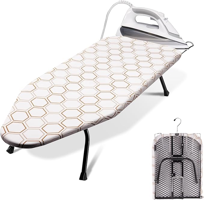 SheeChung Small Tabletop Ironing Board 32" Lx12 W,Folding Ironing Board with Iron Rest,Mesh Metal Base,Cotton Cover,Hook for Hanging,Portable Mini Iron Board for Sewing Craft Room Dorm,Hexagon
