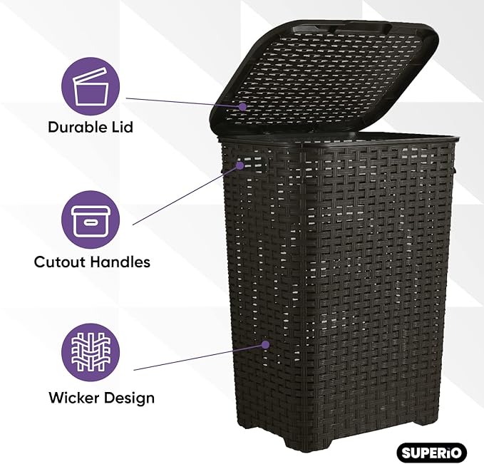 Plastic Laundry Hamper with Lid 3 Pack Laundry Hamper Basket, Brown Tall Cloths Hamper Organizer with Cut-out Handles. Space Saving for Laundry Room Bedroom Bathroom, Wicker Design 60 Liter