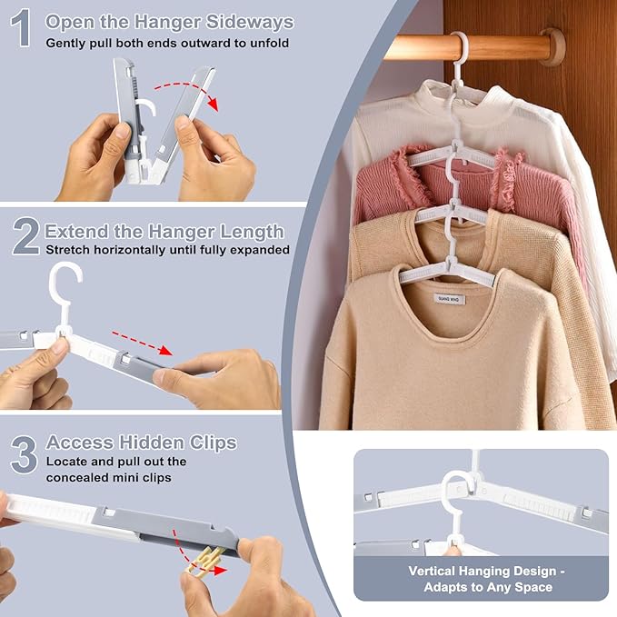 6 Pack Fodable Travel Hangers with Clips & Adjustable Clothesline, Portable Collapsible Hangers with Storage Bag for Suitcase, Hotel, RV, Cruise Essentials Set (Grey)