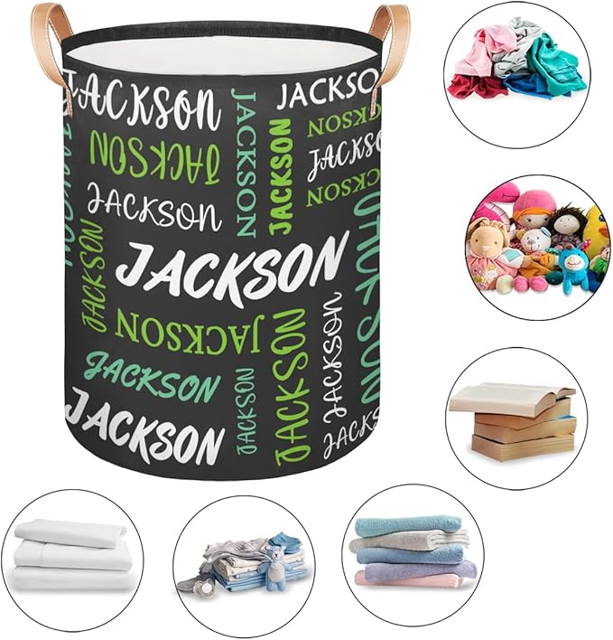 Custom Name Large Laundry-Basket for Kids-Boys-Girls, Personalized Foldable Waterproof Laundry Hamper Dirty Clothes Toys Storage Bin with Handles,Grey Green