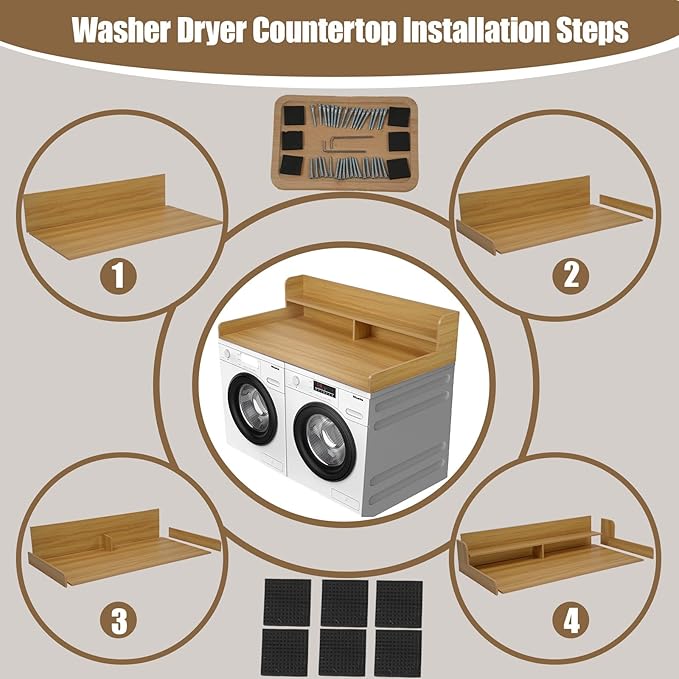 2-Tier Washer and Dryer Countertop, Wooden Washer Dryer Countertop, 27.5" Depth X 54" Laundry Countertop Over Washer and Dryer for Folding Clothes Over Washer and Dryer (Light Walnut)