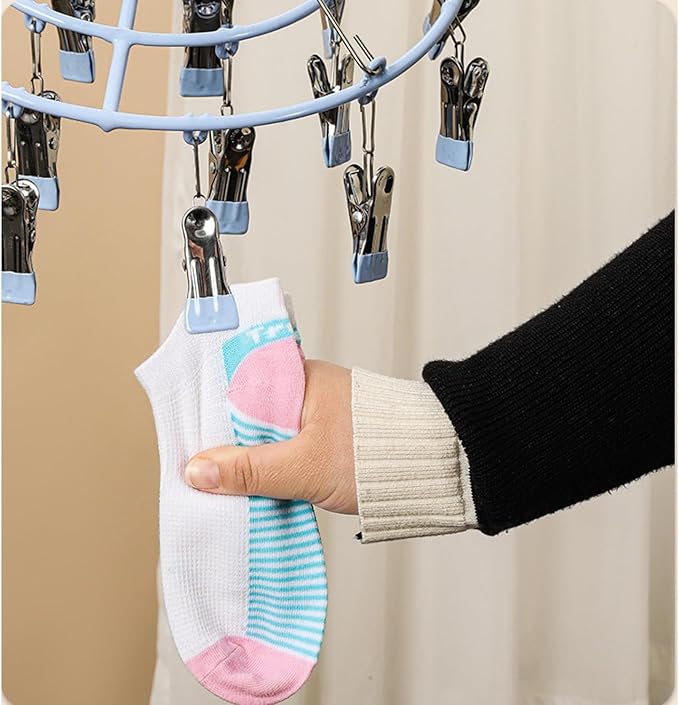 Drying Rack for Sock, Stainless Steel Sock Drying Rack with 24 Clips, Swivel Hook Windproof Hanger for Sock, Bras, Towel, Underwear, Laundry, Hat, Scarf, Pants, Gloves (Blue)