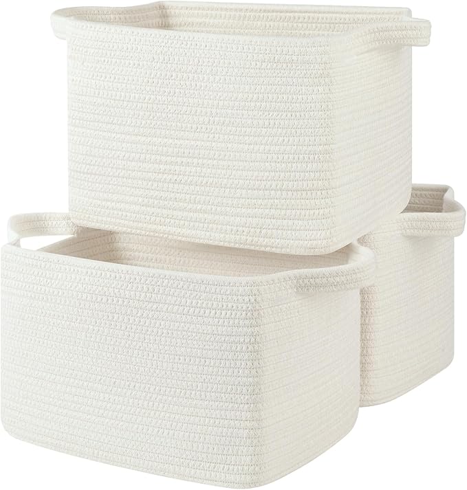 Storage Basket for Organizing, Woven Baskets for Storage, Rectangle Decorative Baskets for Shleves, Closet, Toys, Books, Nursery Organizer Bins - Pack of 3 (White, 13"x9.85"x8.7")