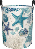 Coastal Ocean Theme with Starfish Design Laundry Hamper, White Blue, Oxford Cloth Storage Basket, Large 19.6x15.7 Inch