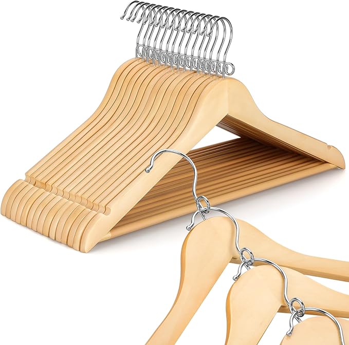 TOPIA HANGER Wooden Hangers 30 Pack, Space Saving Coat Hanger with 360° Swivel Cascading Loop Hook, Non Slip Pants Bar and Shoulder Notches for Camisole, Jacket, Suit, Clothes Hangers -CT74N30