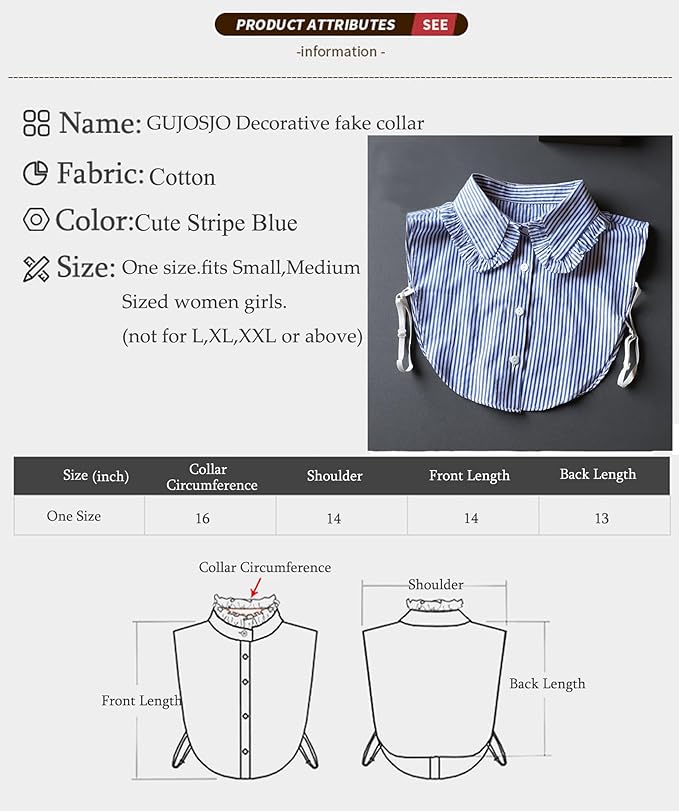 GUZOSJO Blue Striped Detachable Collar Shirt,Dickey Half Blouse False Collar for Lady Girls Men