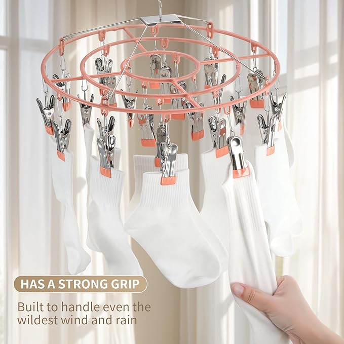 PHYDELU Drying Rack Clothing with 24 Clips，Sock Hanger for Drying，Hanging Clothes Dryer Underwear Hangers Racks Laundry Herb Socks Panty Wet Bra Lingerie Baby Delicates Foldable Small Indoor Metal