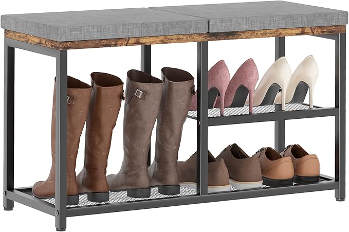 Shoe Rack for Entryway,Freestanding Hidden Shoe Storage Organizer, Boot Shoe Bench Shelves for High Heels with Seat Cushion,Narrow Wood Shoe Rack for Entrance Closet, Hallway, 3 Tier,Brown